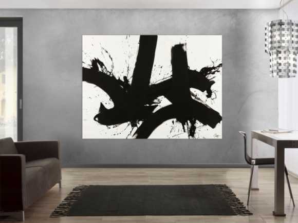 Gemälde Original abstrakt 150x200cm Minimalistisch expressionistisch handgemalt Action Painting schwarz weiss Unikat