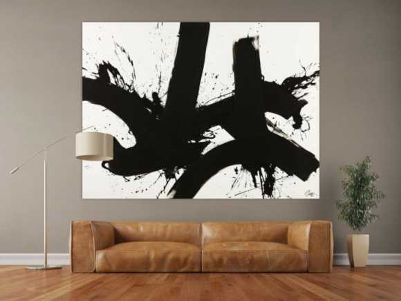 Gemälde Original abstrakt 150x200cm Minimalistisch expressionistisch handgemalt Action Painting schwarz weiss Unikat