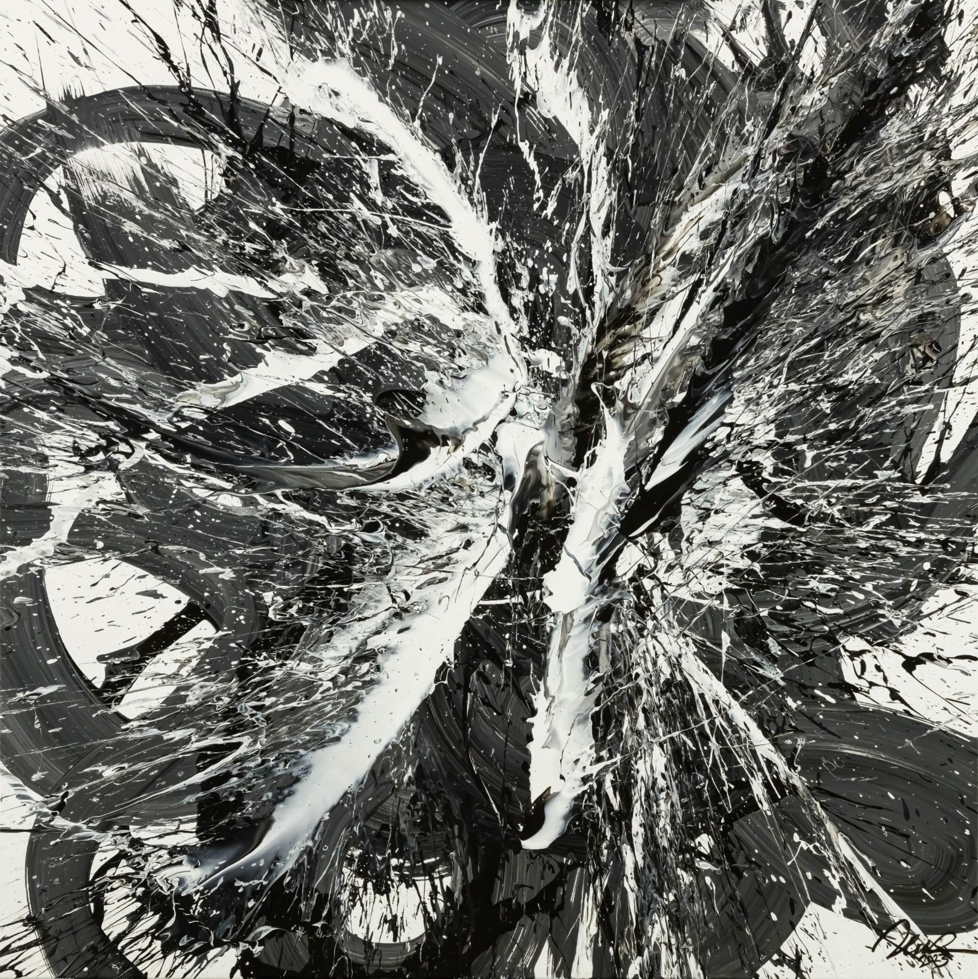 Original Gemälde abstrakt 100x100cm Action Painting Moderne Kunst handgemalt Splash Art schwarz weiss einzigartig