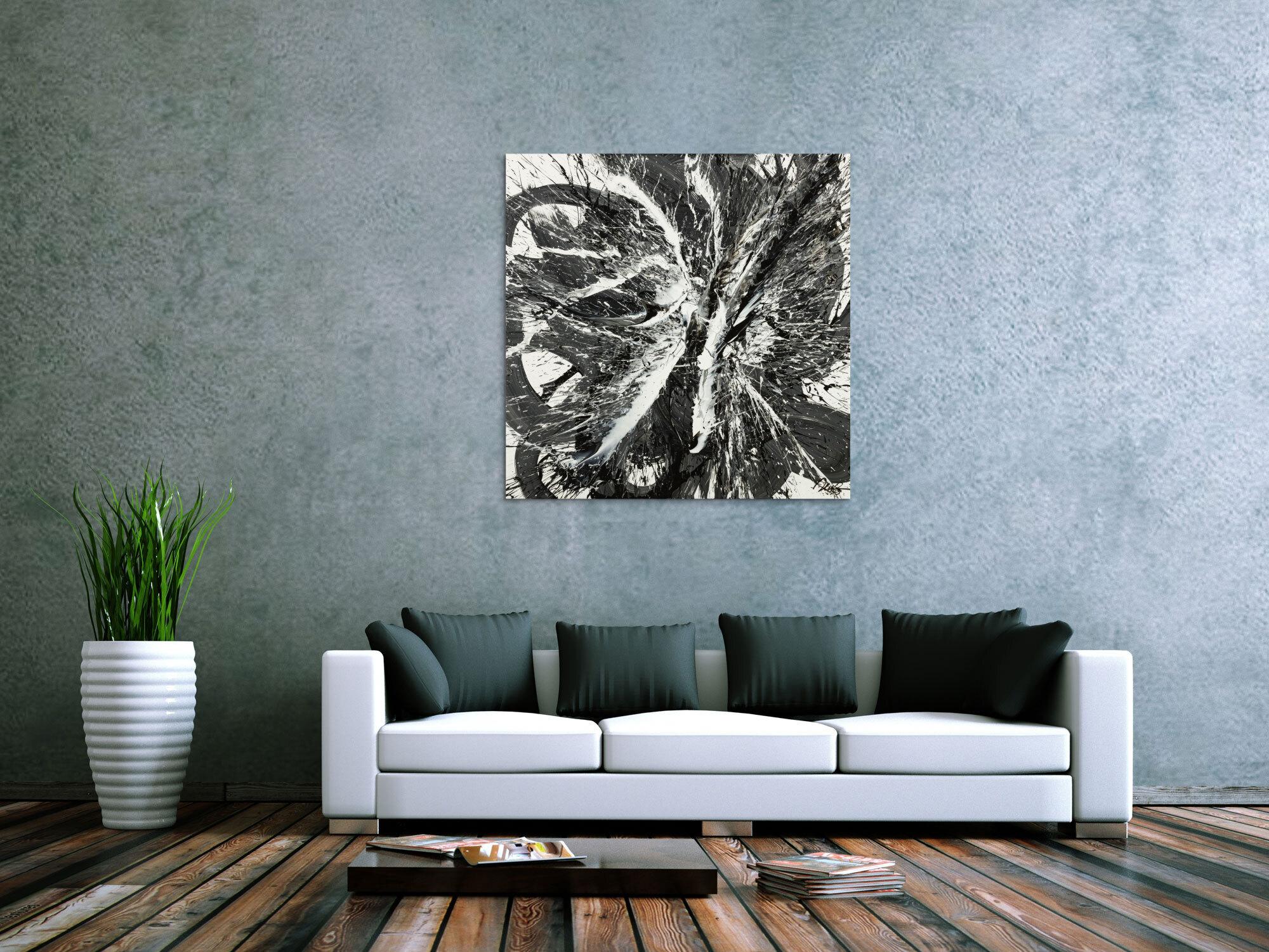 Original Gemälde abstrakt 100x100cm Action Painting Moderne Kunst handgemalt Splash Art schwarz weiss einzigartig