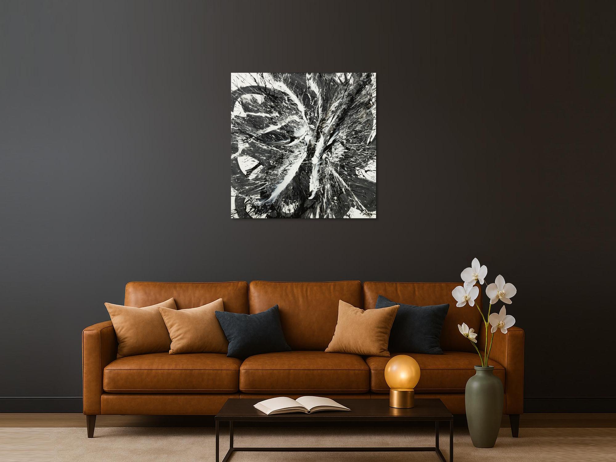 Original Gemälde abstrakt 100x100cm Action Painting Moderne Kunst handgemalt Splash Art schwarz weiss einzigartig