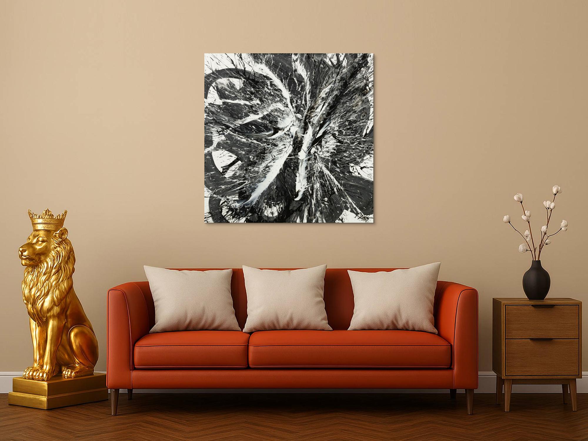 Original Gemälde abstrakt 100x100cm Action Painting Moderne Kunst handgemalt Splash Art schwarz weiss einzigartig