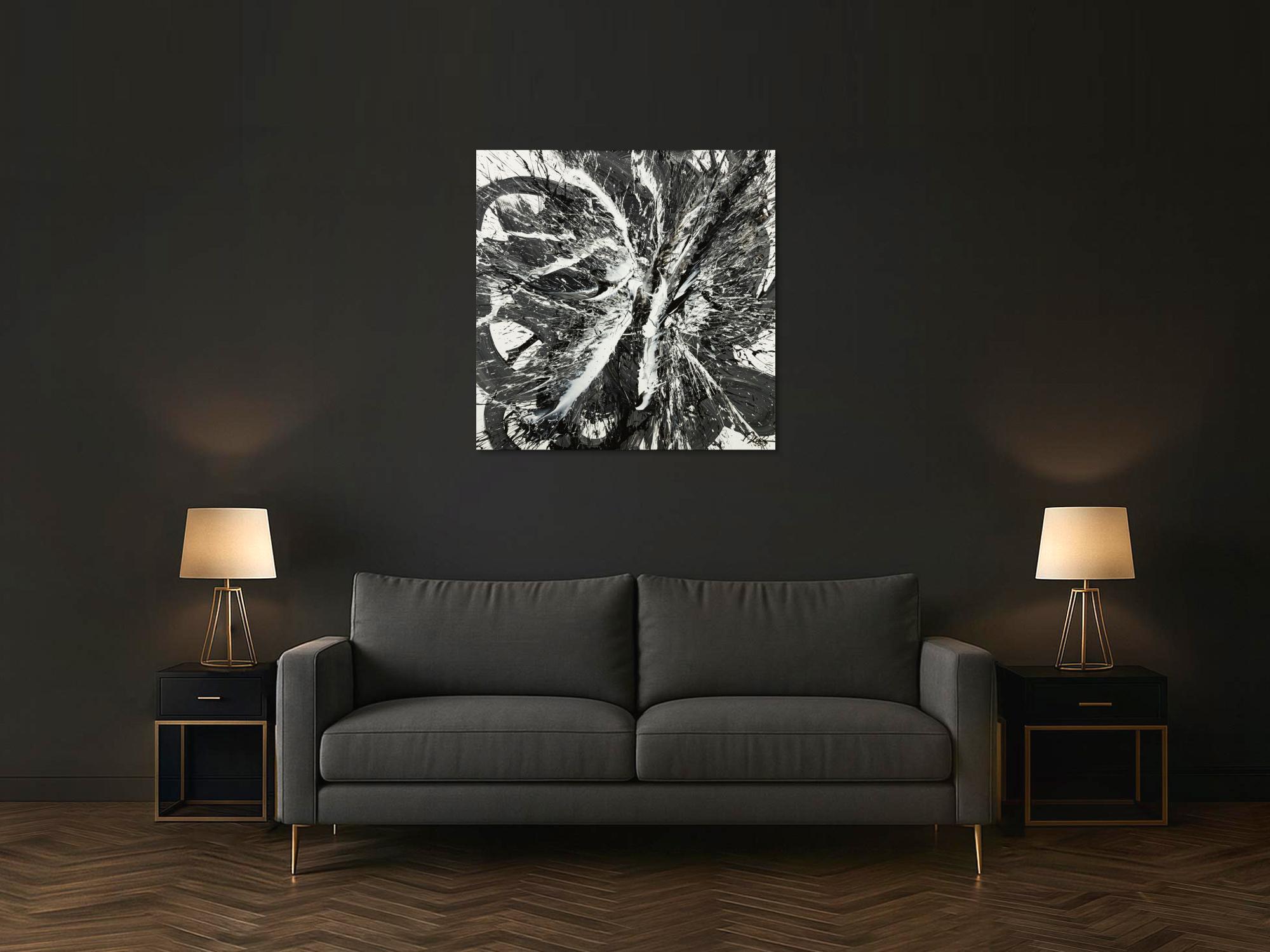 Original Gemälde abstrakt 100x100cm Action Painting Moderne Kunst handgemalt Splash Art schwarz weiss einzigartig