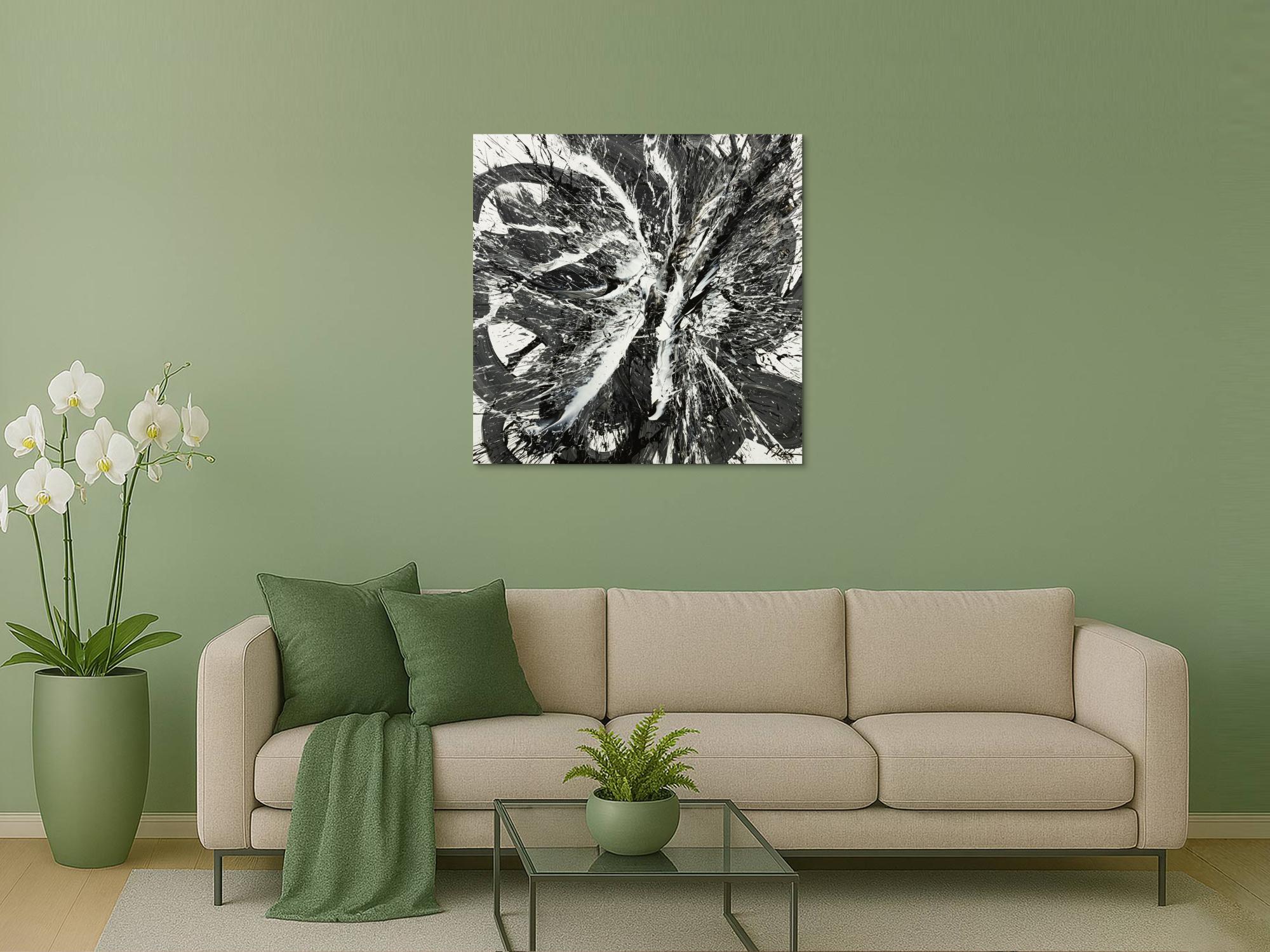 Original Gemälde abstrakt 100x100cm Action Painting Moderne Kunst handgemalt Splash Art schwarz weiss einzigartig