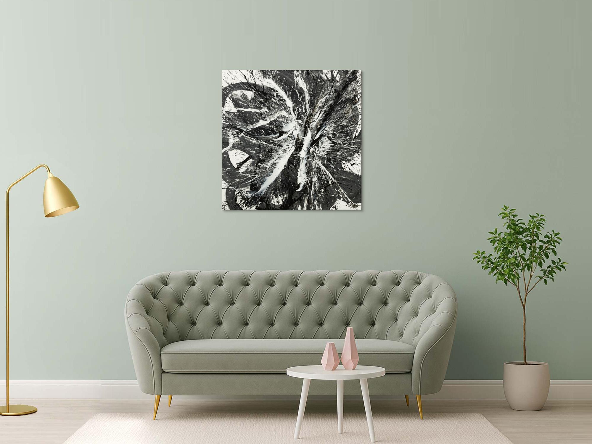 Original Gemälde abstrakt 100x100cm Action Painting Moderne Kunst handgemalt Splash Art schwarz weiss einzigartig