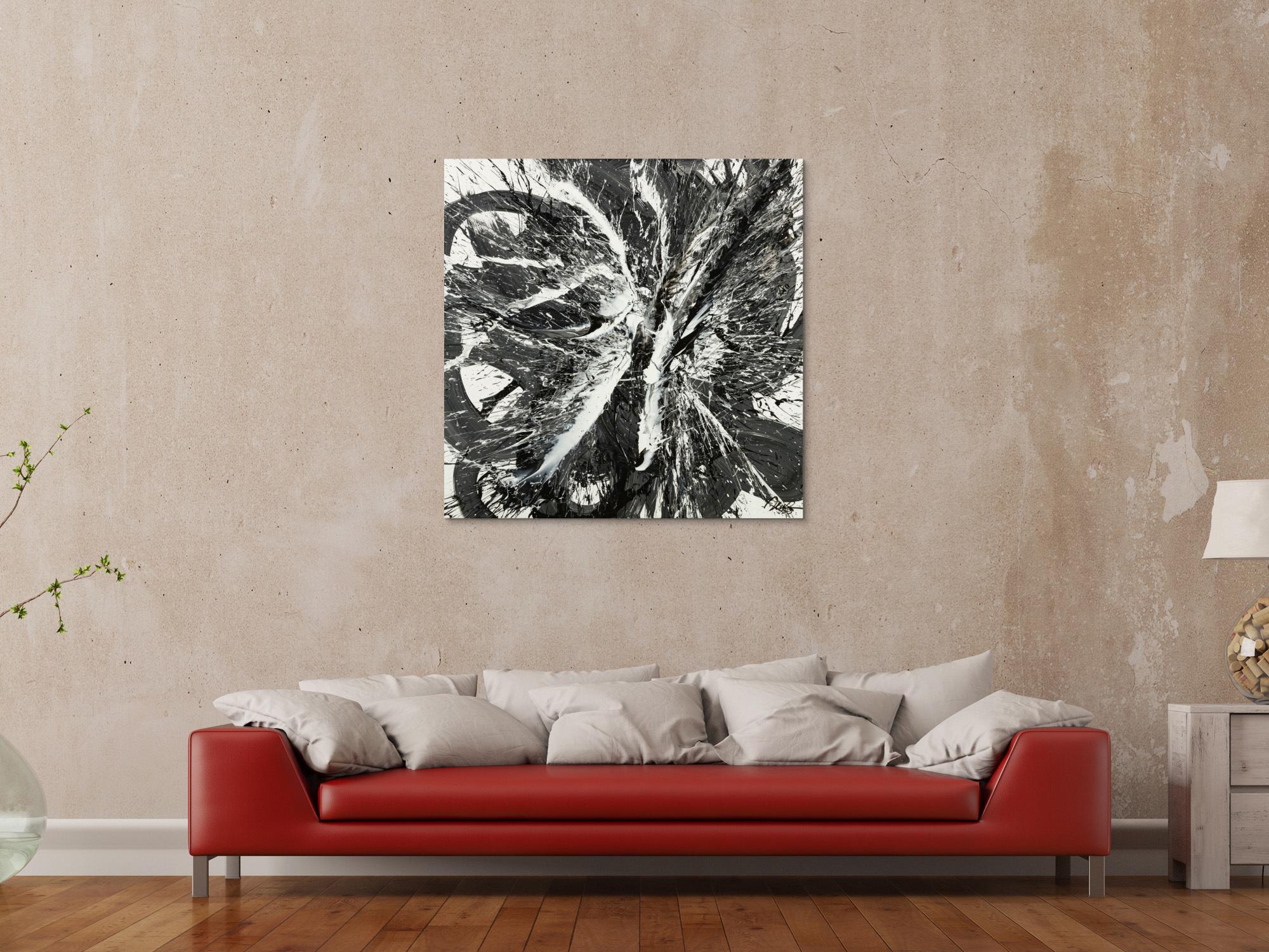 Original Gemälde abstrakt 100x100cm Action Painting Moderne Kunst handgemalt Splash Art schwarz weiss einzigartig