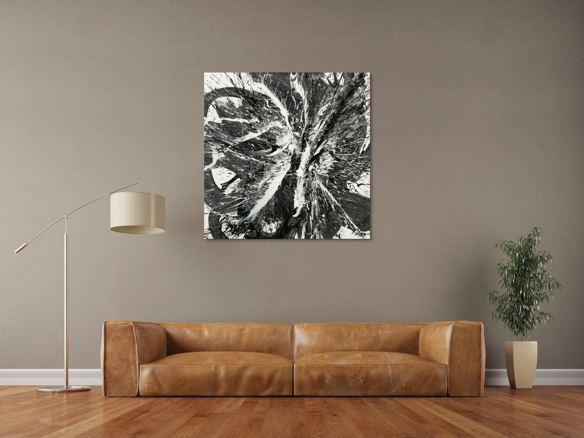 Original Gemälde abstrakt 100x100cm Action Painting Moderne Kunst handgemalt Splash Art schwarz weiss einzigartig