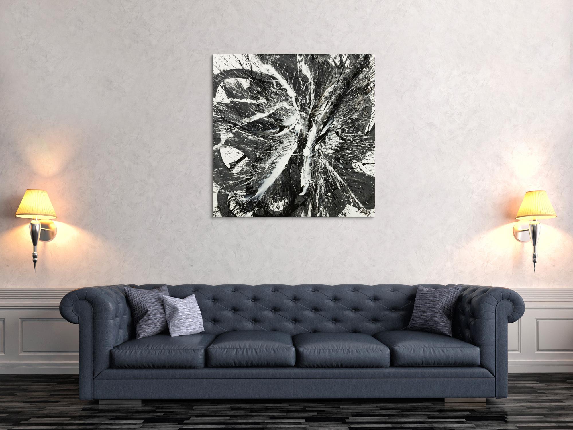 Original Gemälde abstrakt 100x100cm Action Painting Moderne Kunst handgemalt Splash Art schwarz weiss einzigartig