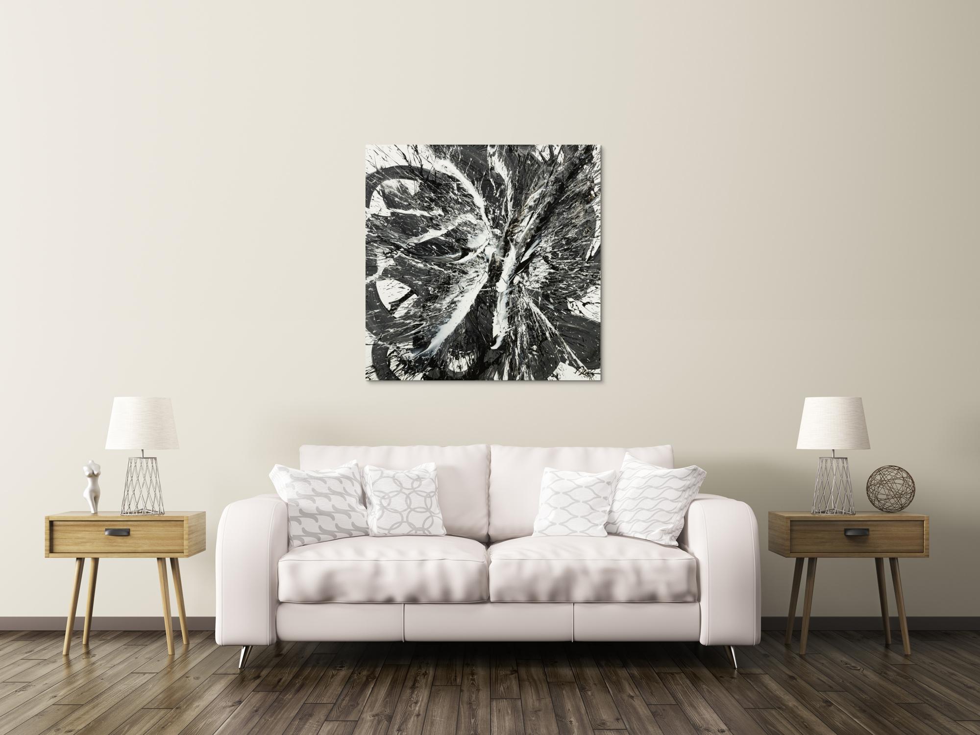 Original Gemälde abstrakt 100x100cm Action Painting Moderne Kunst handgemalt Splash Art schwarz weiss einzigartig