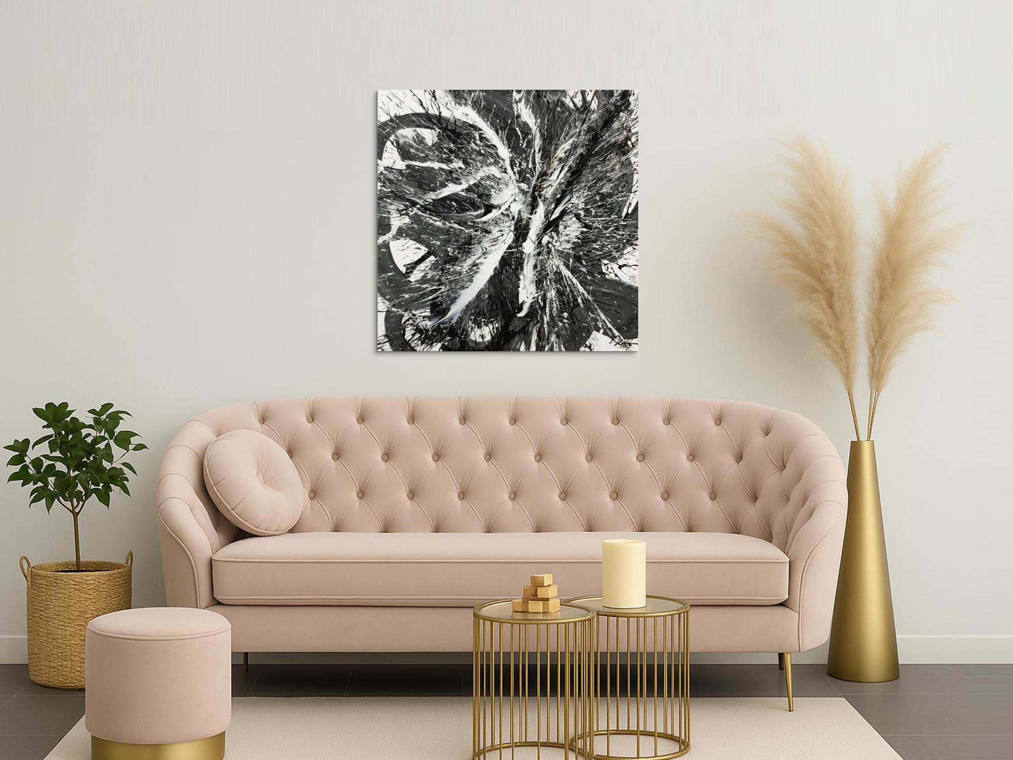 Original Gemälde abstrakt 100x100cm Action Painting Moderne Kunst handgemalt Splash Art schwarz weiss einzigartig