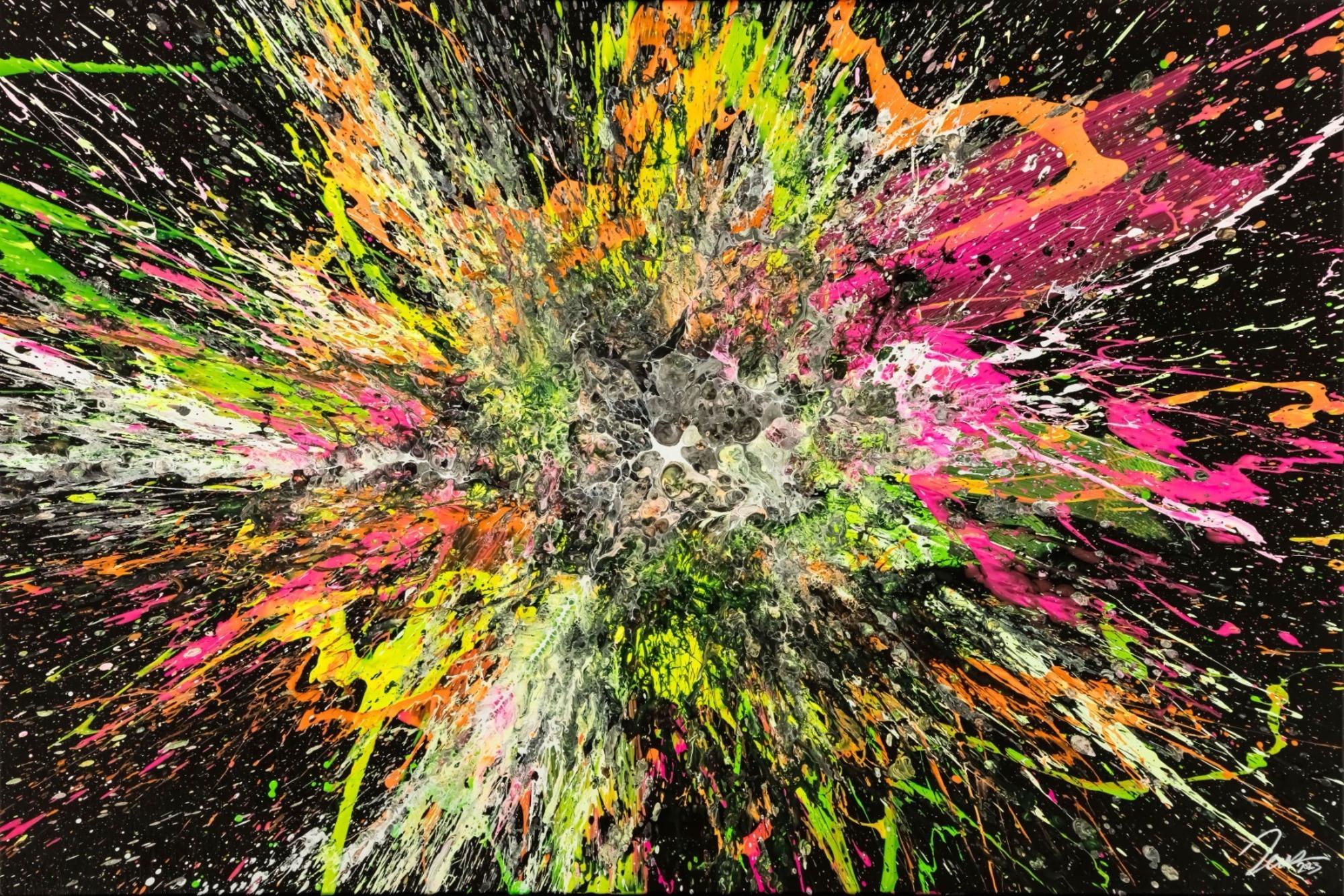 Action Painting Gemälde abstrakt 100x150cm handgemalt Fluid Painting NEON Farben bunt auf schwarz