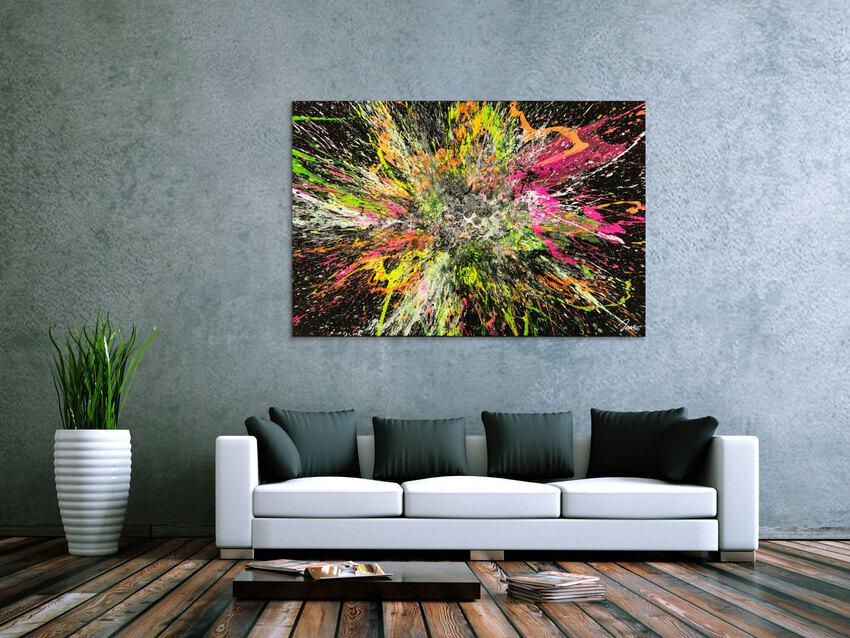 Action Painting Gemälde abstrakt 100x150cm handgemalt Fluid Painting NEON Farben bunt auf schwarz