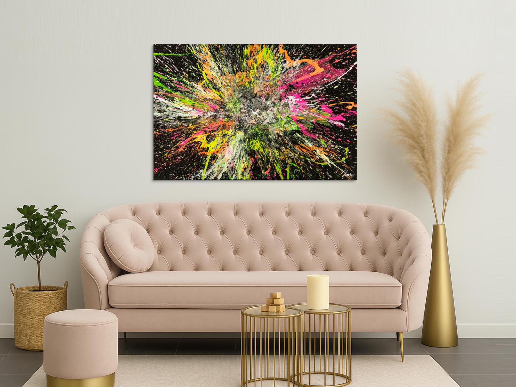 Action Painting Gemälde abstrakt 100x150cm handgemalt Fluid Painting NEON Farben bunt auf schwarz