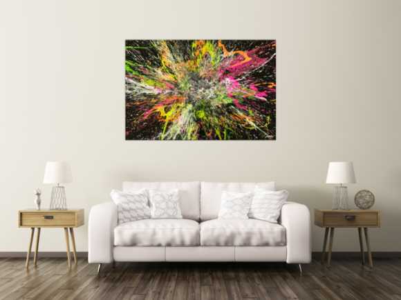 Action Painting Gemälde abstrakt 100x150cm handgemalt Fluid Painting NEON Farben bunt auf schwarz