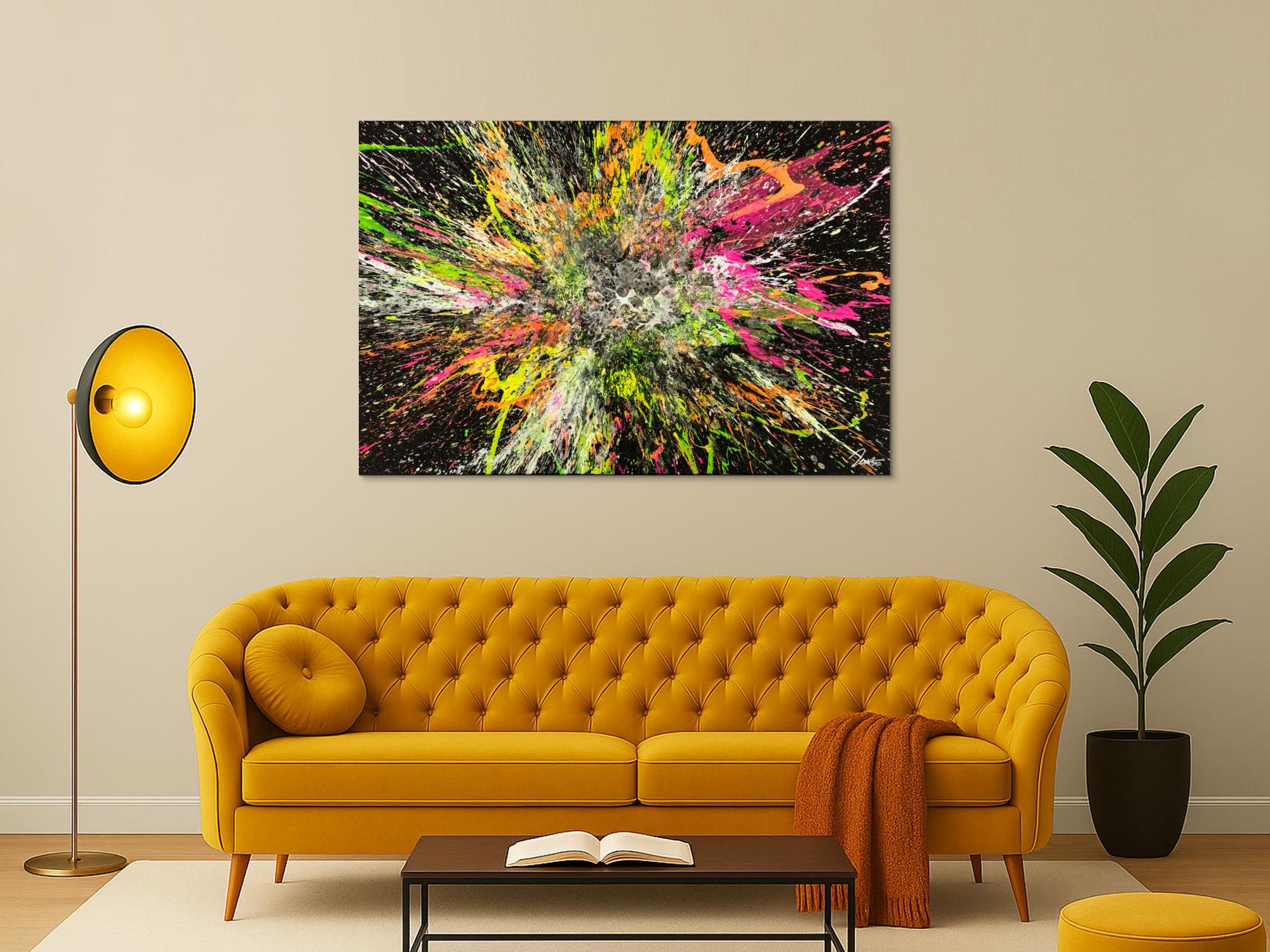 Action Painting Gemälde abstrakt 100x150cm handgemalt Fluid Painting NEON Farben bunt auf schwarz