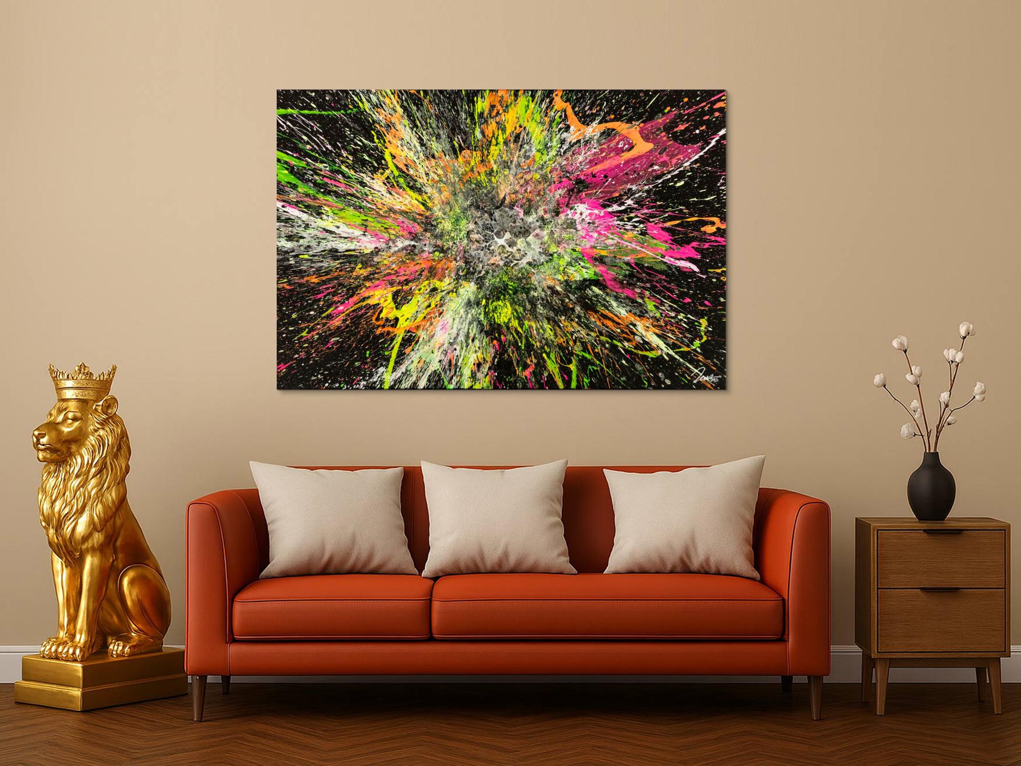 Action Painting Gemälde abstrakt 100x150cm handgemalt Fluid Painting NEON Farben bunt auf schwarz