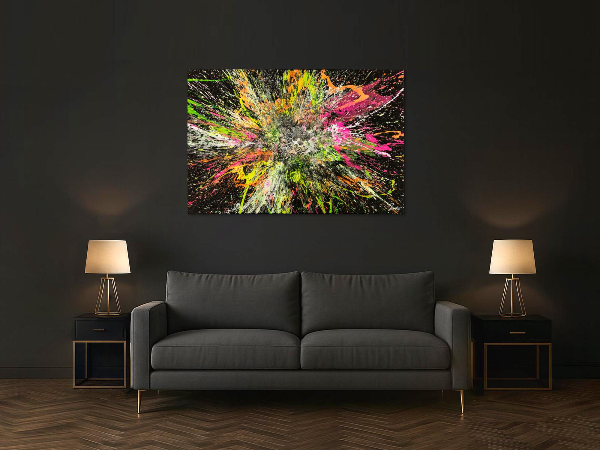 Action Painting Gemälde abstrakt 100x150cm handgemalt Fluid Painting NEON Farben bunt auf schwarz