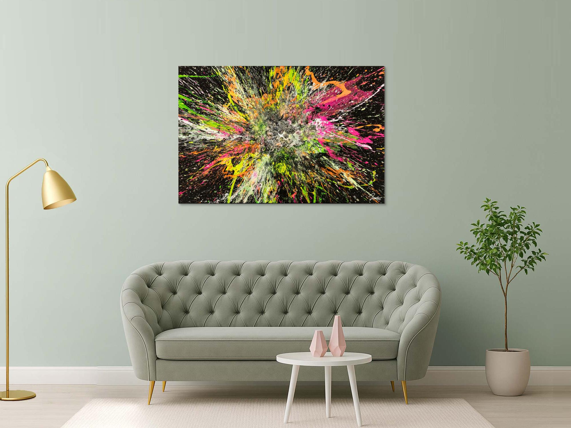 Action Painting Gemälde abstrakt 100x150cm handgemalt Fluid Painting NEON Farben bunt auf schwarz