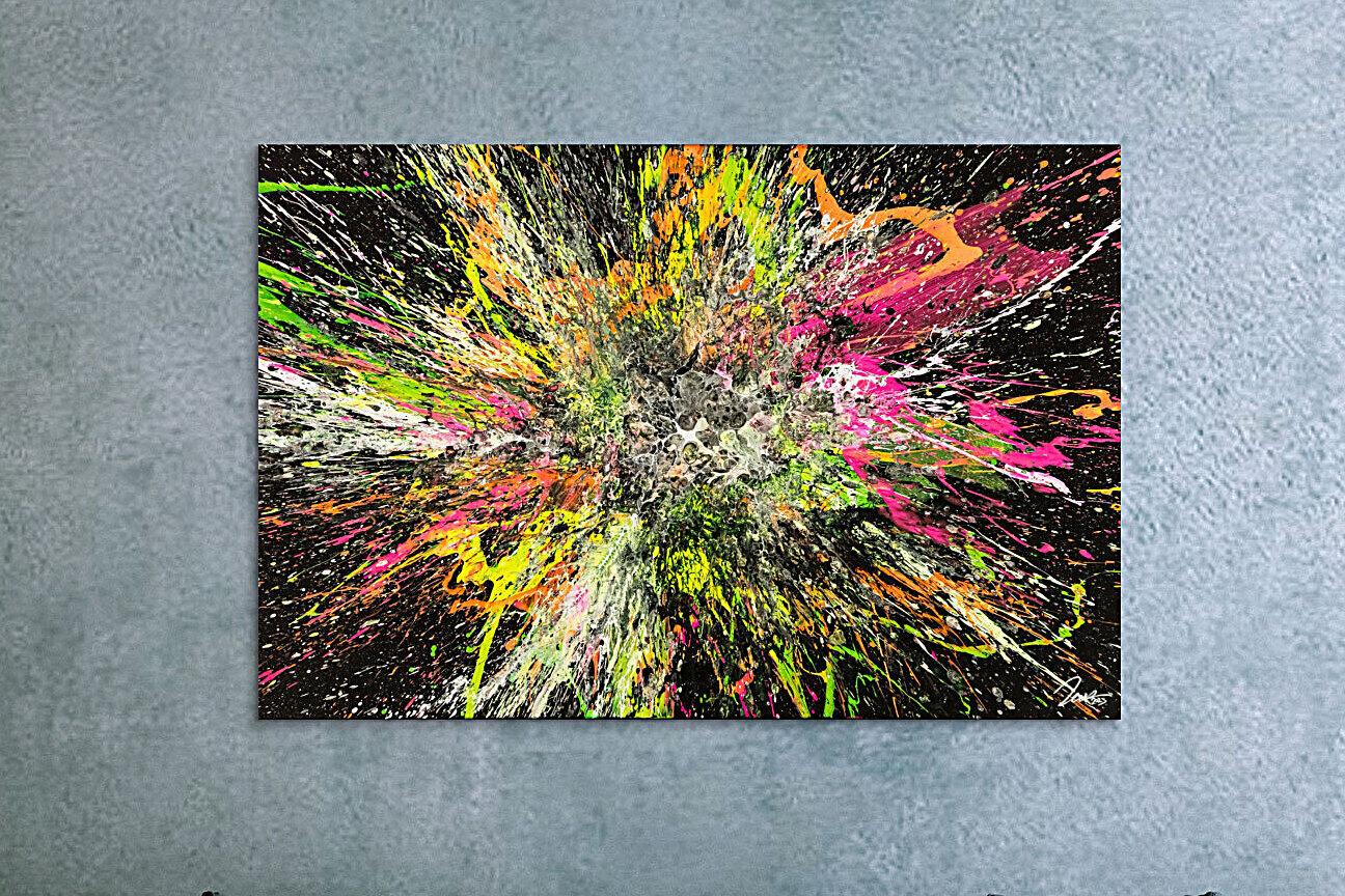 Action Painting Gemälde abstrakt 100x150cm handgemalt Fluid Painting NEON Farben bunt auf schwarz