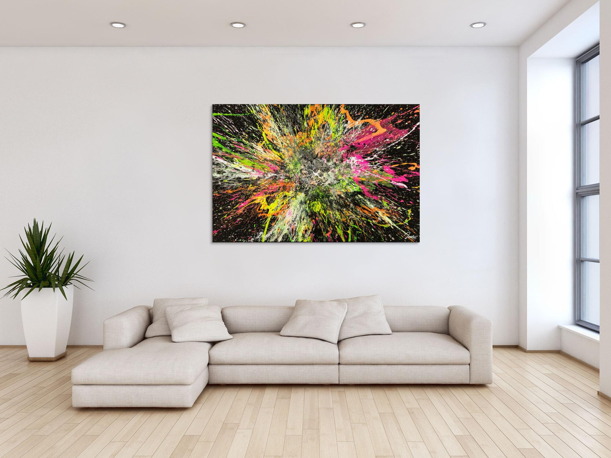 Action Painting Gemälde abstrakt 100x150cm handgemalt Fluid Painting NEON Farben bunt auf schwarz