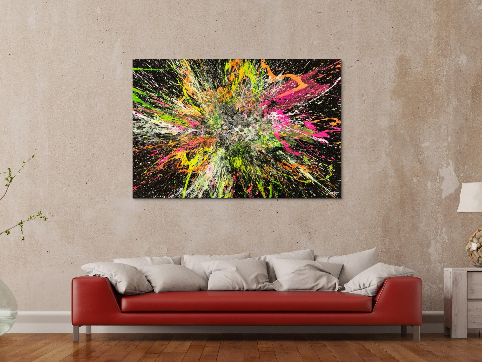 Action Painting Gemälde abstrakt 100x150cm handgemalt Fluid Painting NEON Farben bunt auf schwarz