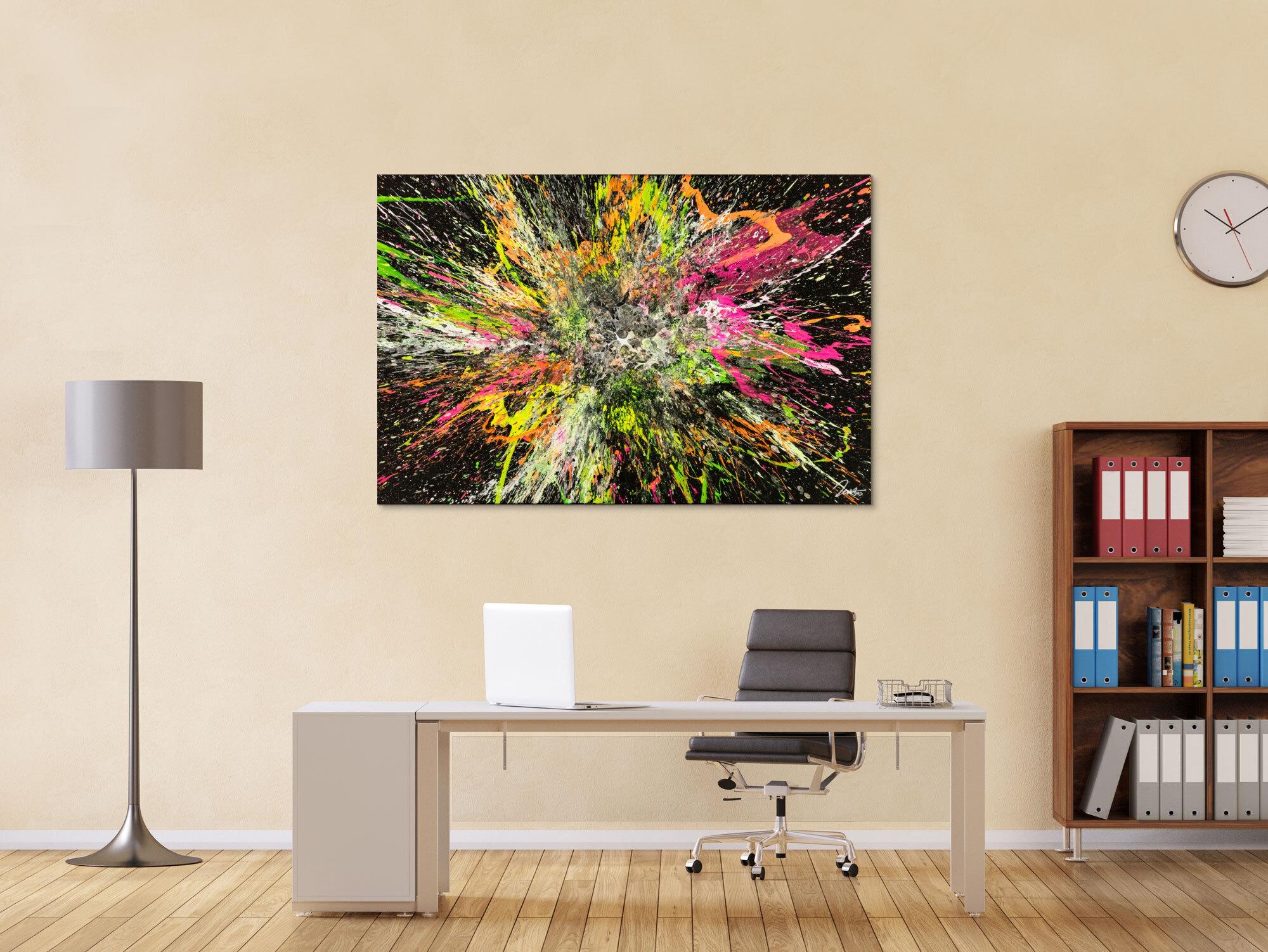 Action Painting Gemälde abstrakt 100x150cm handgemalt Fluid Painting NEON Farben bunt auf schwarz