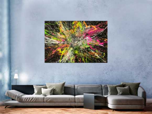 Action Painting Gemälde abstrakt 100x150cm handgemalt Fluid Painting NEON Farben bunt auf schwarz