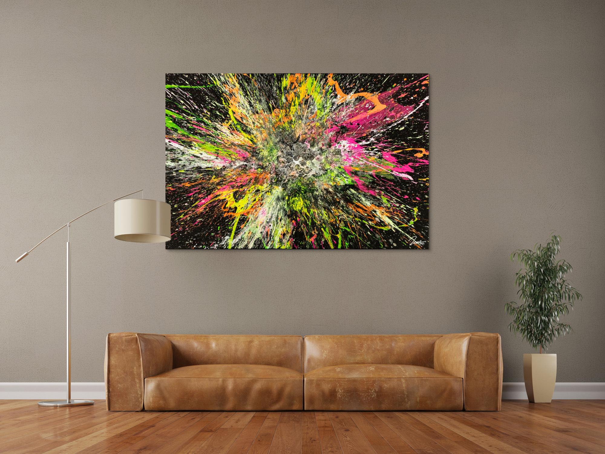 Action Painting Gemälde abstrakt 100x150cm handgemalt Fluid Painting NEON Farben bunt auf schwarz