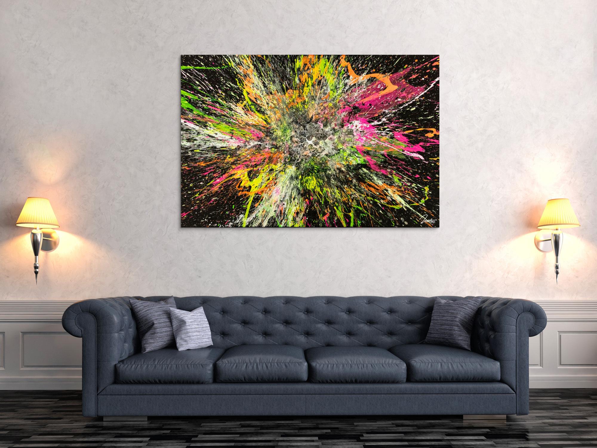 Action Painting Gemälde abstrakt 100x150cm handgemalt Fluid Painting NEON Farben bunt auf schwarz