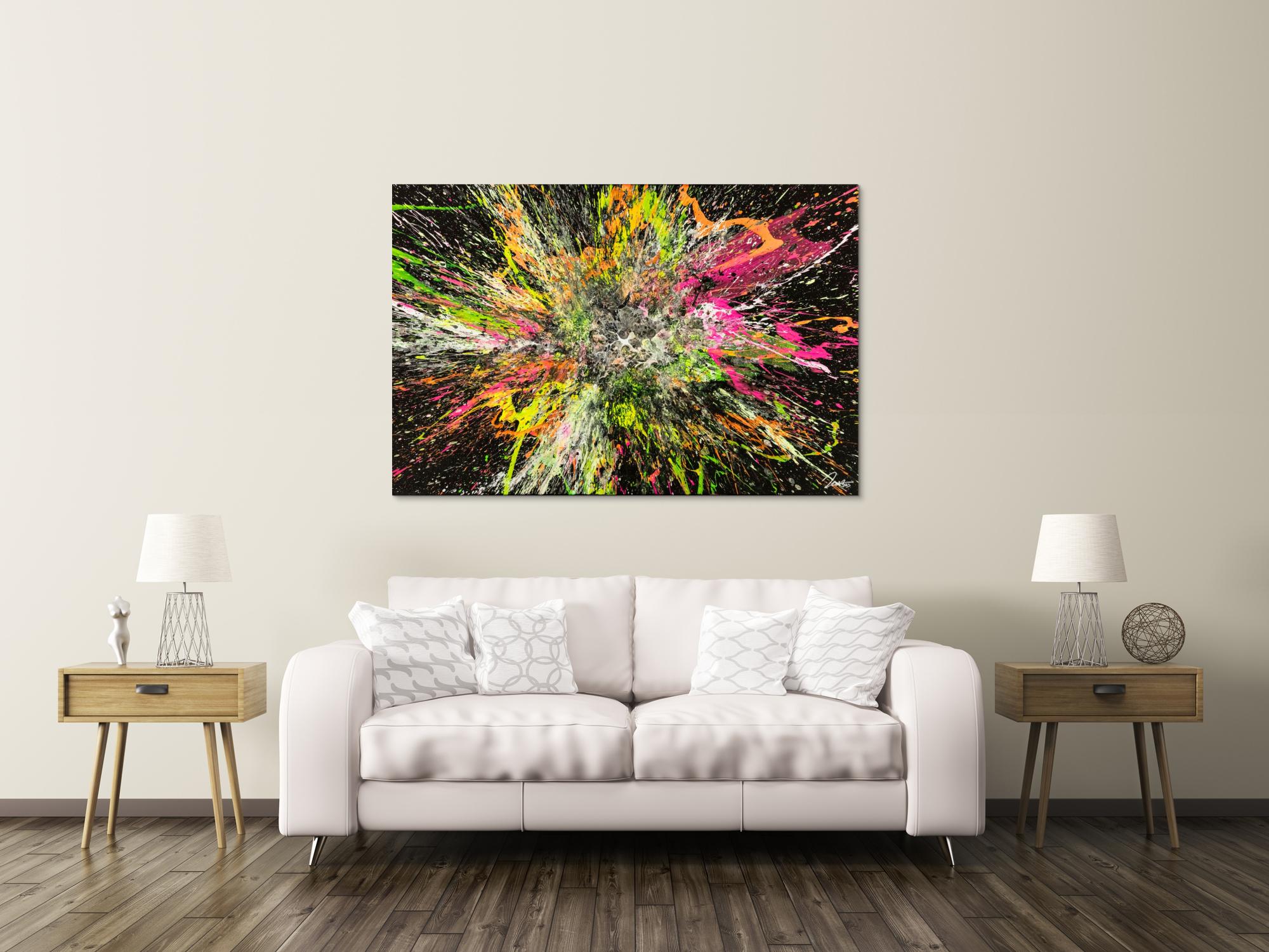 Action Painting Gemälde abstrakt 100x150cm handgemalt Fluid Painting NEON Farben bunt auf schwarz