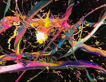 Abstraktes Gemälde 100x130cm Action Painting dynamisch Fluid Art schwarz NEON bunt auf Leinwand