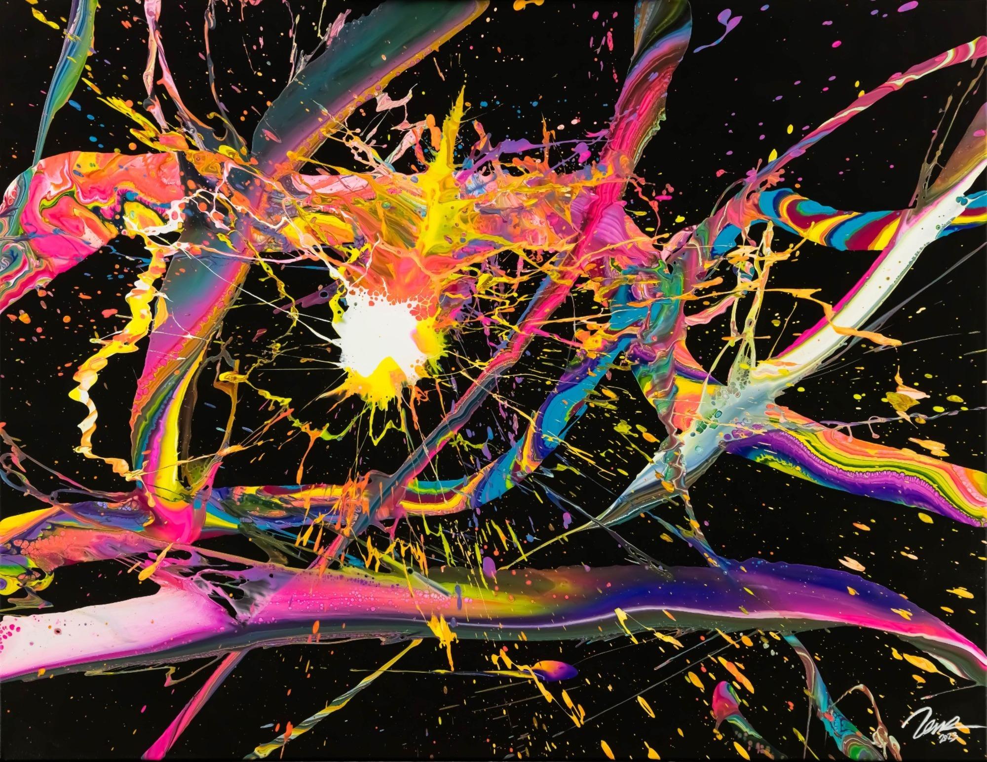 Abstraktes Gemälde 100x130cm Action Painting dynamisch Fluid Art schwarz NEON bunt auf Leinwand