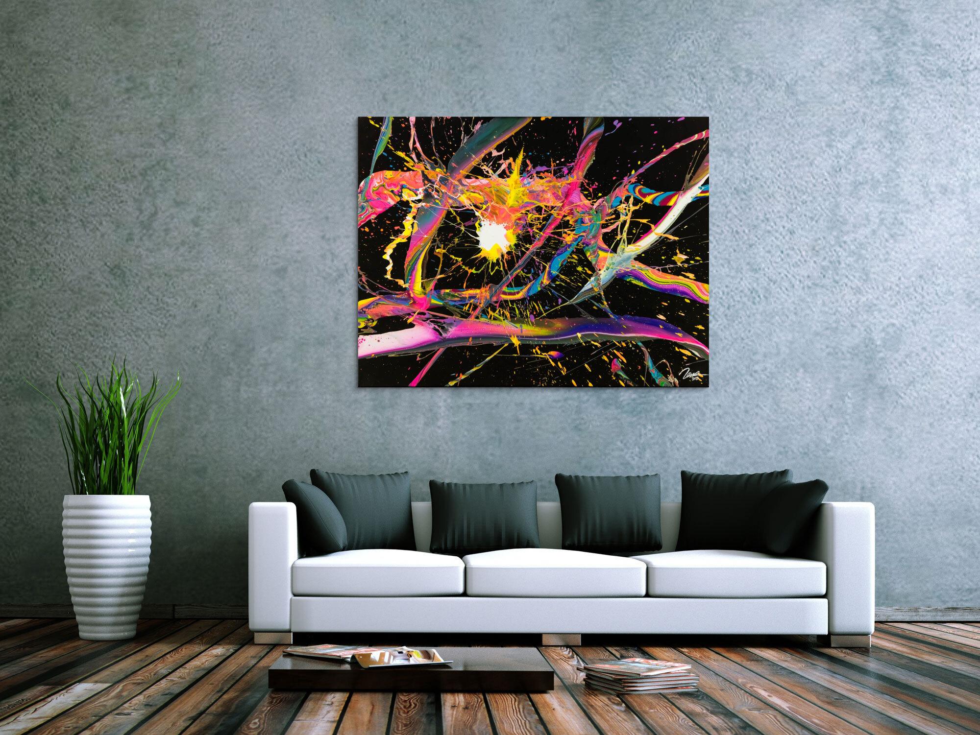 Abstraktes Gemälde 100x180cm Action Painting dynamisch Fluid Art schwarz NEON bunt auf Leinwand