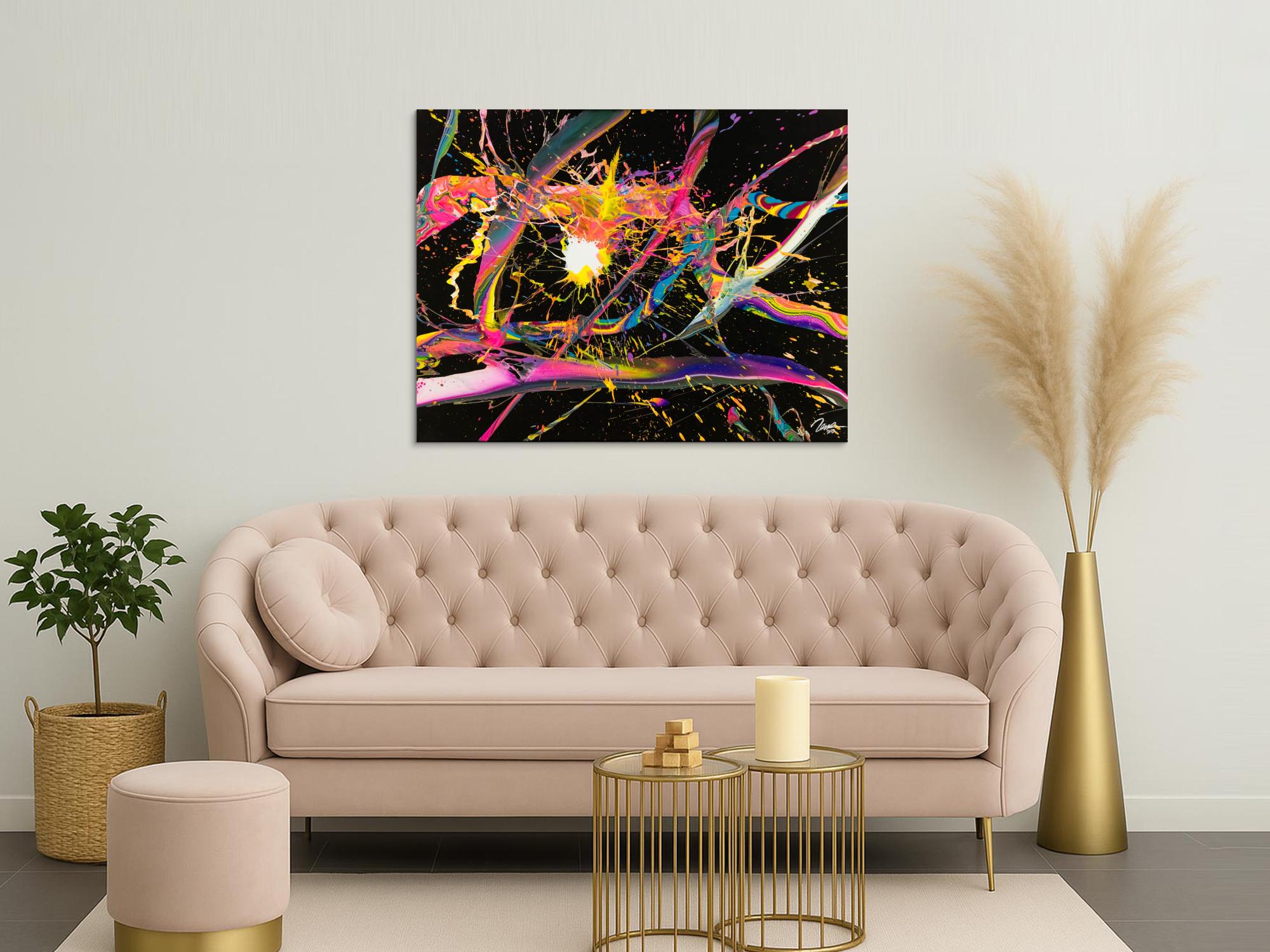 Abstraktes Gemälde 100x130cm Action Painting dynamisch Fluid Art schwarz NEON bunt auf Leinwand