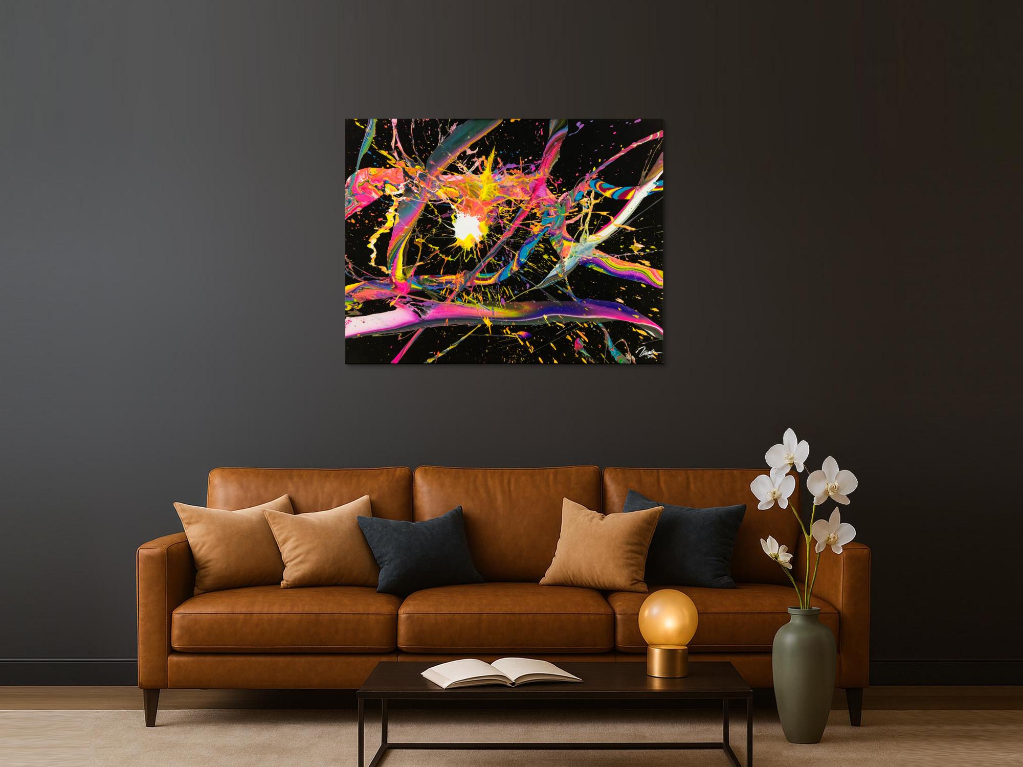 Abstraktes Gemälde 100x130cm Action Painting dynamisch Fluid Art schwarz NEON bunt auf Leinwand