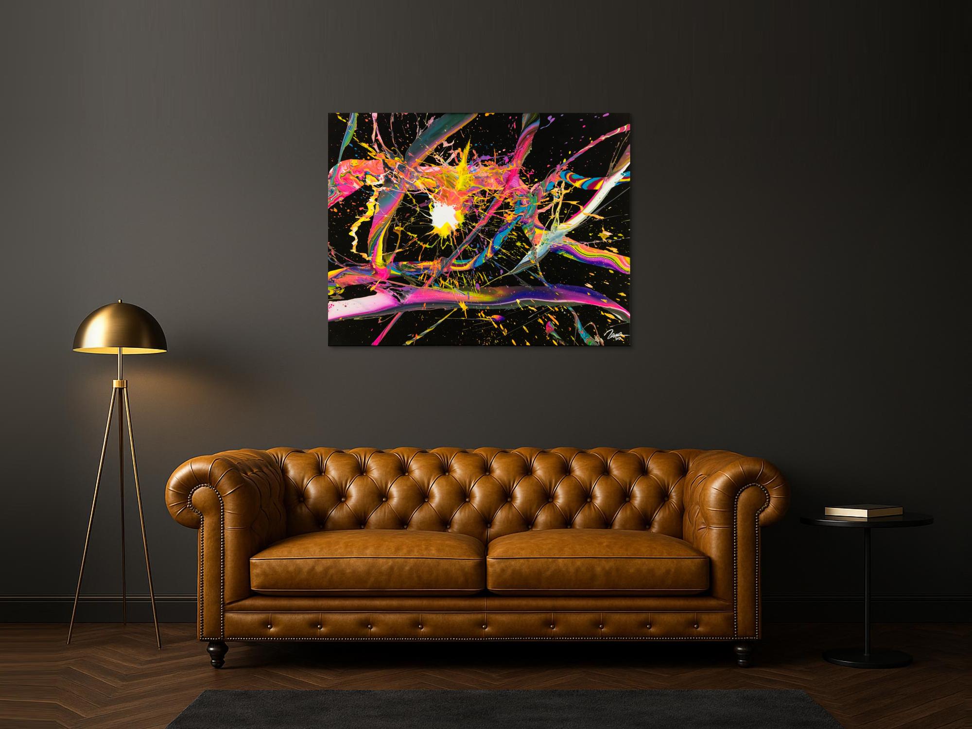 Abstraktes Gemälde 100x130cm Action Painting dynamisch Fluid Art schwarz NEON bunt auf Leinwand