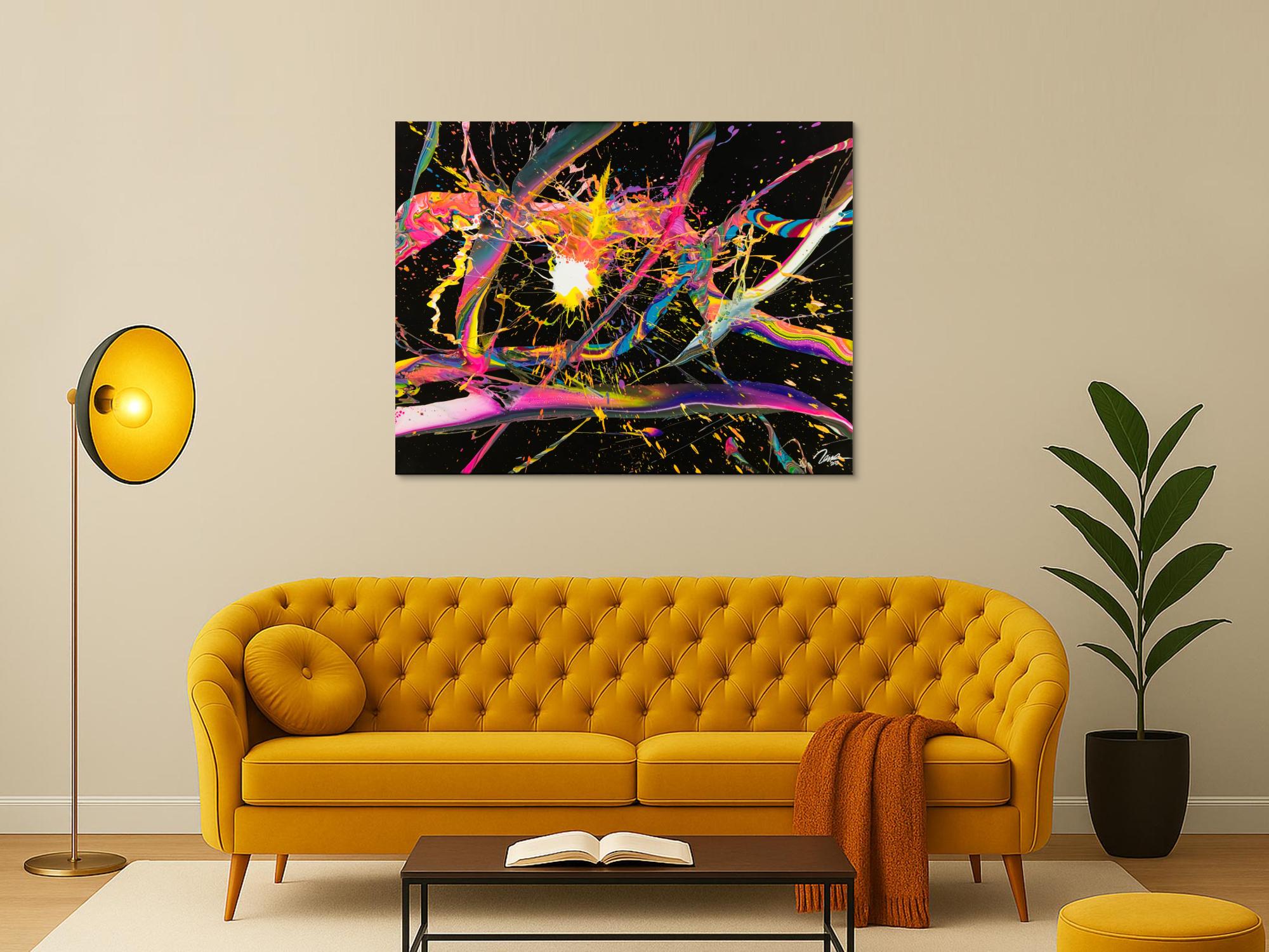 Abstraktes Gemälde 100x130cm Action Painting dynamisch Fluid Art schwarz NEON bunt auf Leinwand