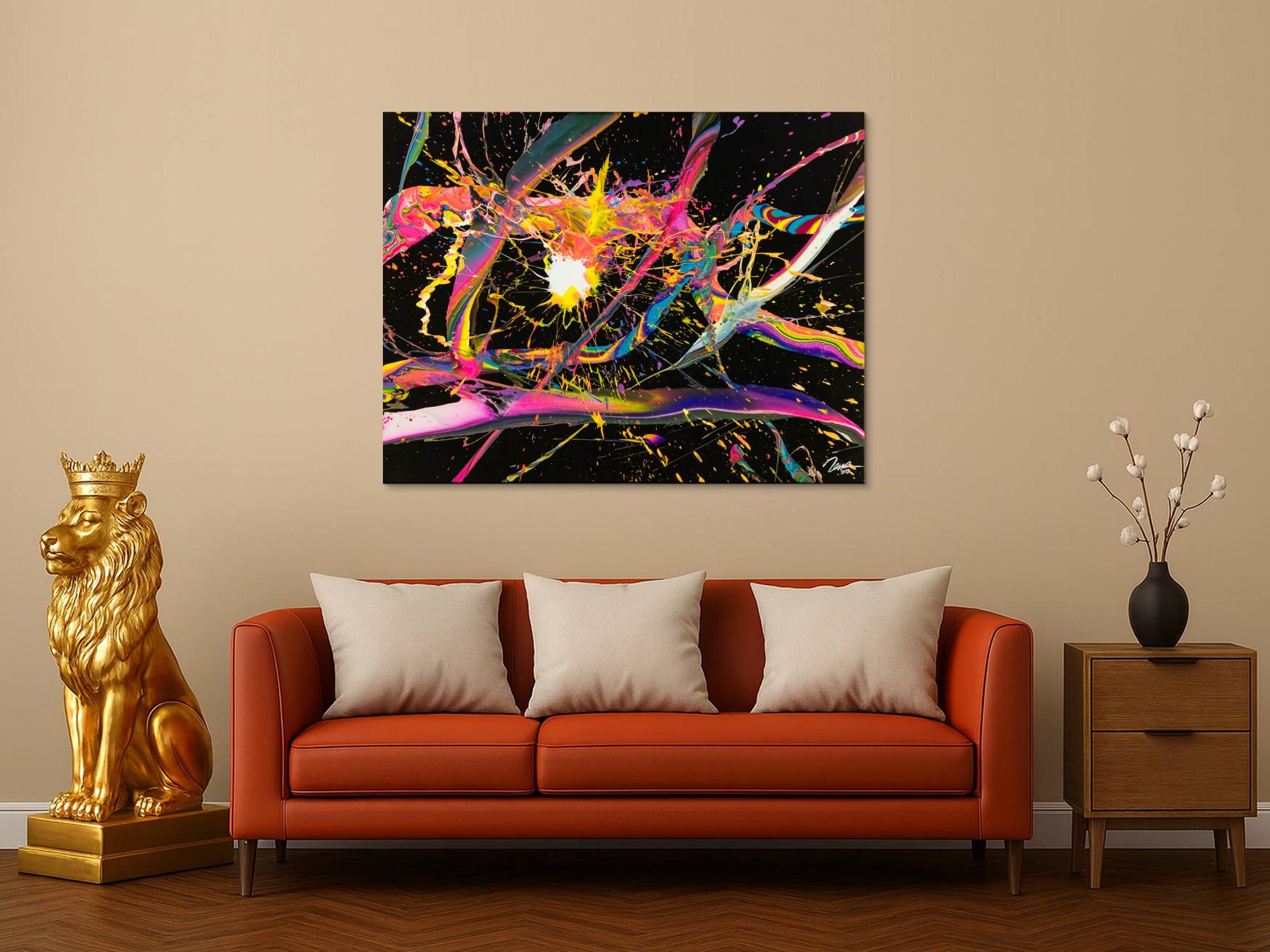 Abstraktes Gemälde 100x130cm Action Painting dynamisch Fluid Art schwarz NEON bunt auf Leinwand