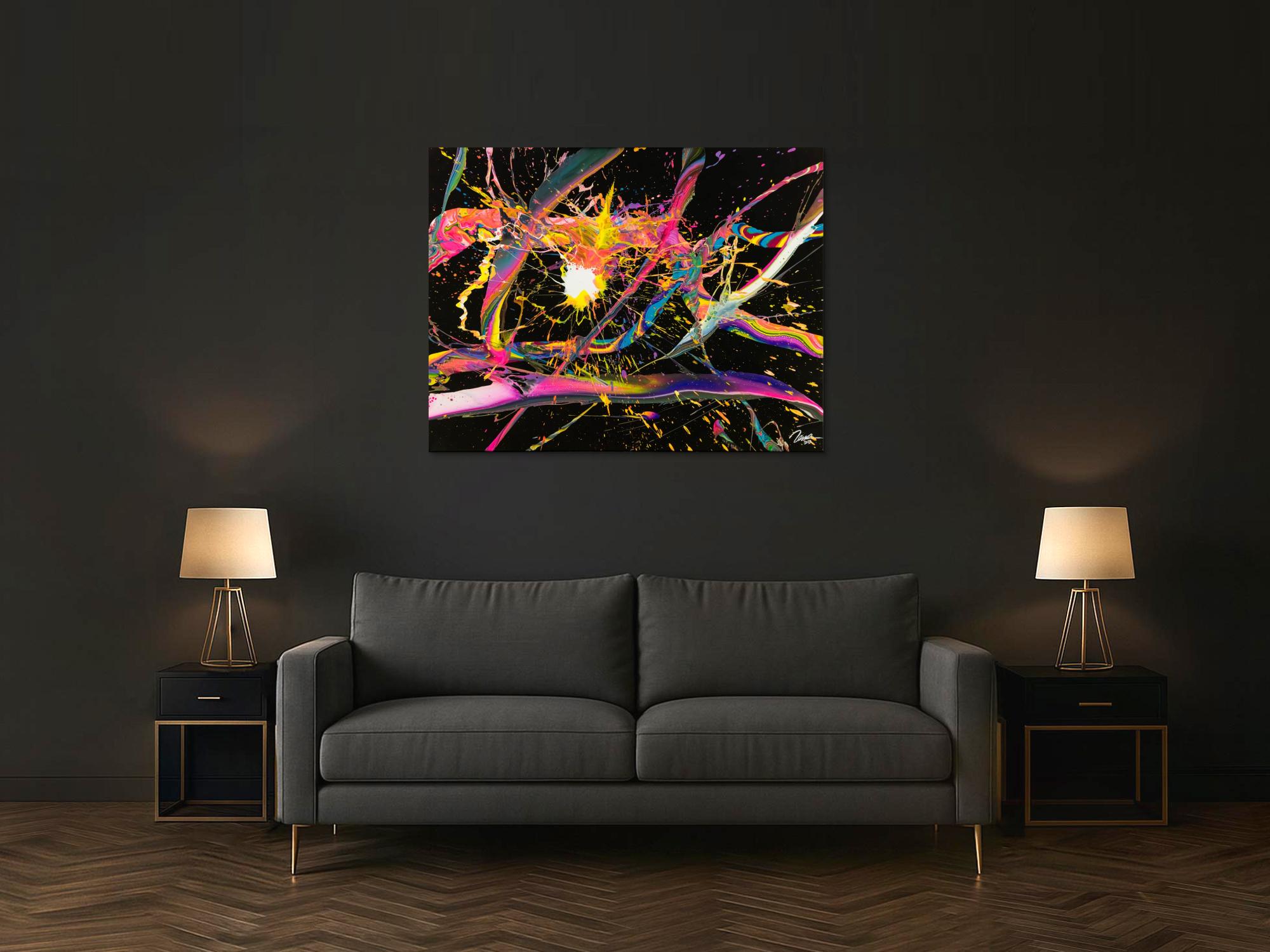 Abstraktes Gemälde 100x130cm Action Painting dynamisch Fluid Art schwarz NEON bunt auf Leinwand