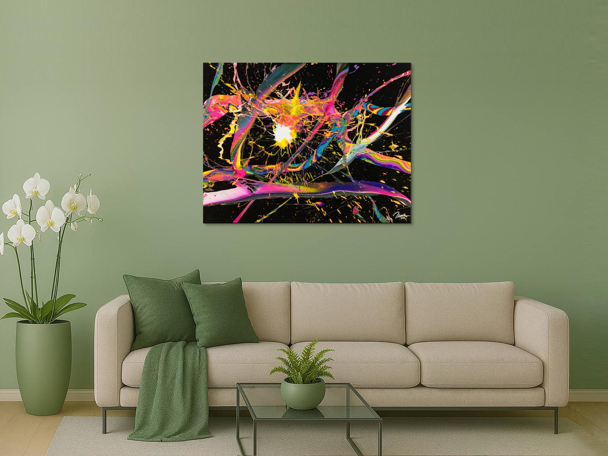 Abstraktes Gemälde 100x130cm Action Painting dynamisch Fluid Art schwarz NEON bunt auf Leinwand