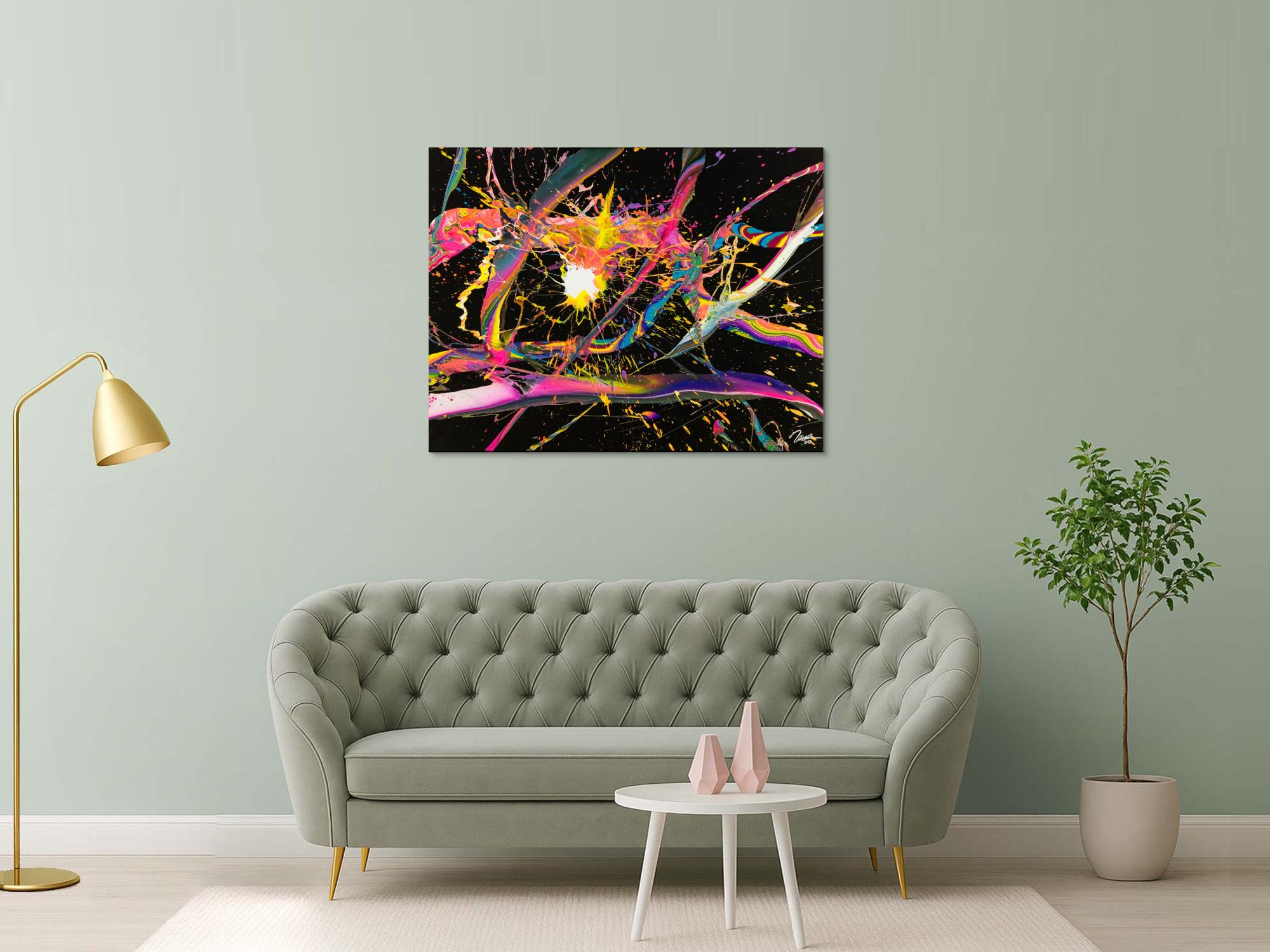 Abstraktes Gemälde 100x130cm Action Painting dynamisch Fluid Art schwarz NEON bunt auf Leinwand