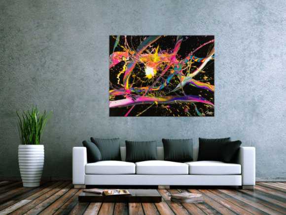 Abstraktes Gemälde 100x180cm Action Painting dynamisch Fluid Art schwarz NEON bunt auf Leinwand