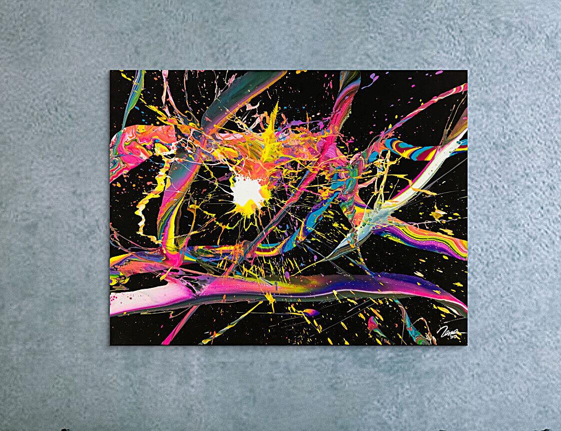 Abstraktes Gemälde 100x180cm Action Painting dynamisch Fluid Art schwarz NEON bunt auf Leinwand