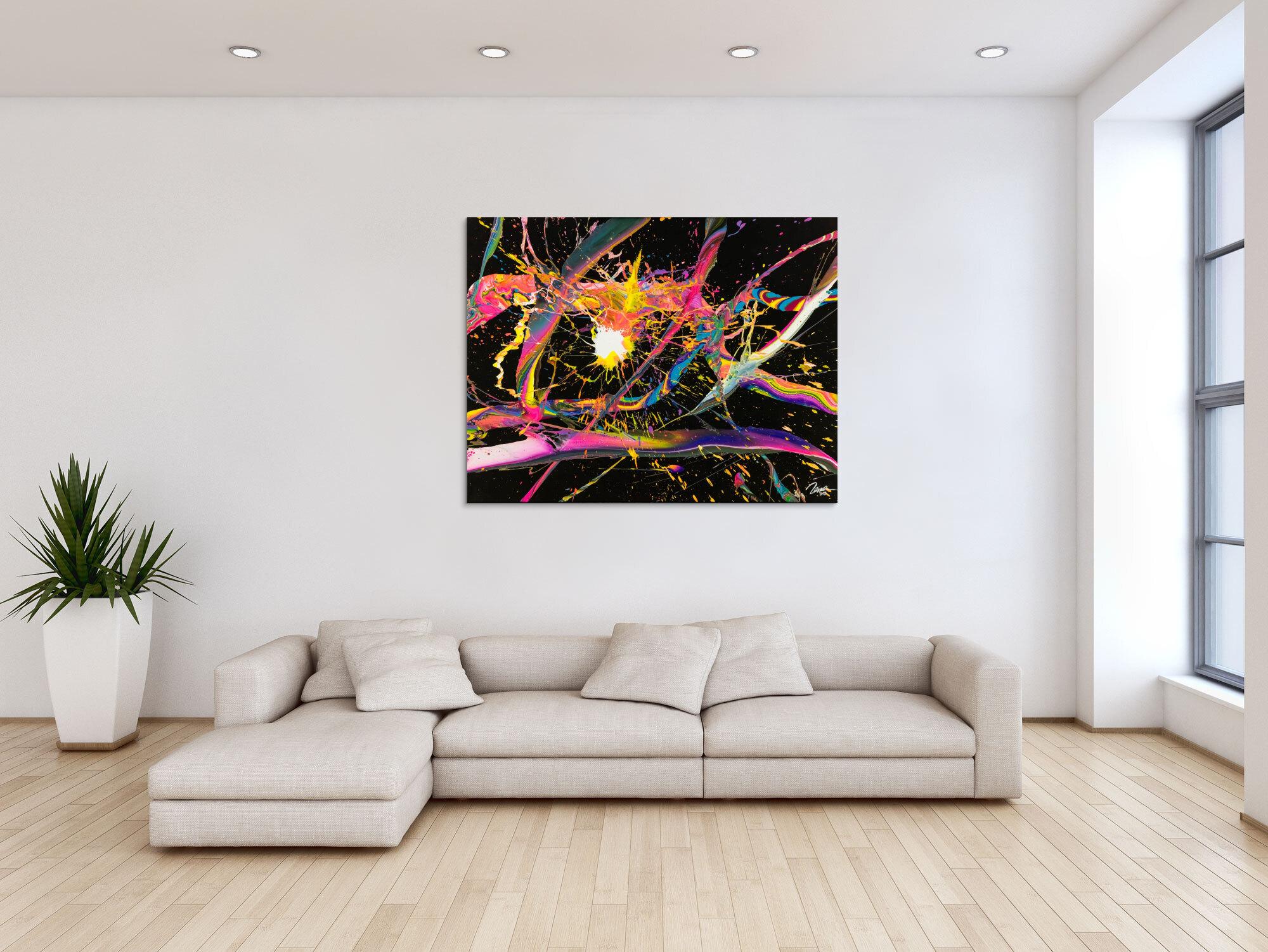 Abstraktes Gemälde 100x180cm Action Painting dynamisch Fluid Art schwarz NEON bunt auf Leinwand