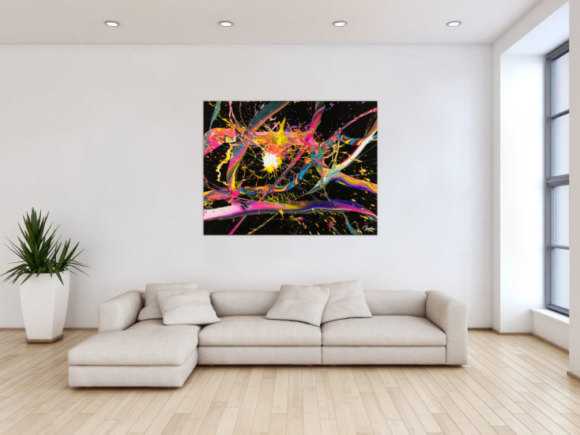 Abstraktes Gemälde 100x180cm Action Painting dynamisch Fluid Art schwarz NEON bunt auf Leinwand