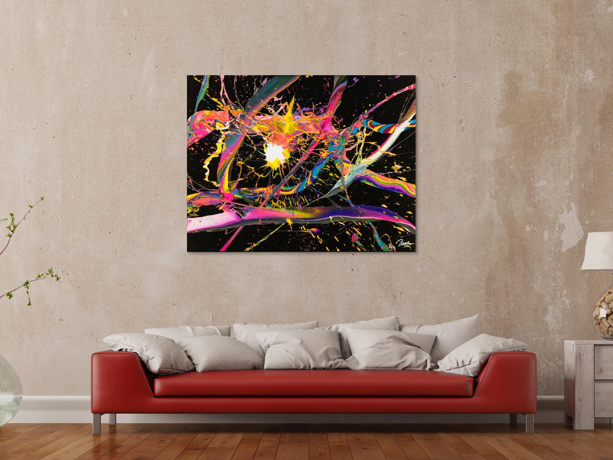 Abstraktes Gemälde 100x180cm Action Painting dynamisch Fluid Art schwarz NEON bunt auf Leinwand