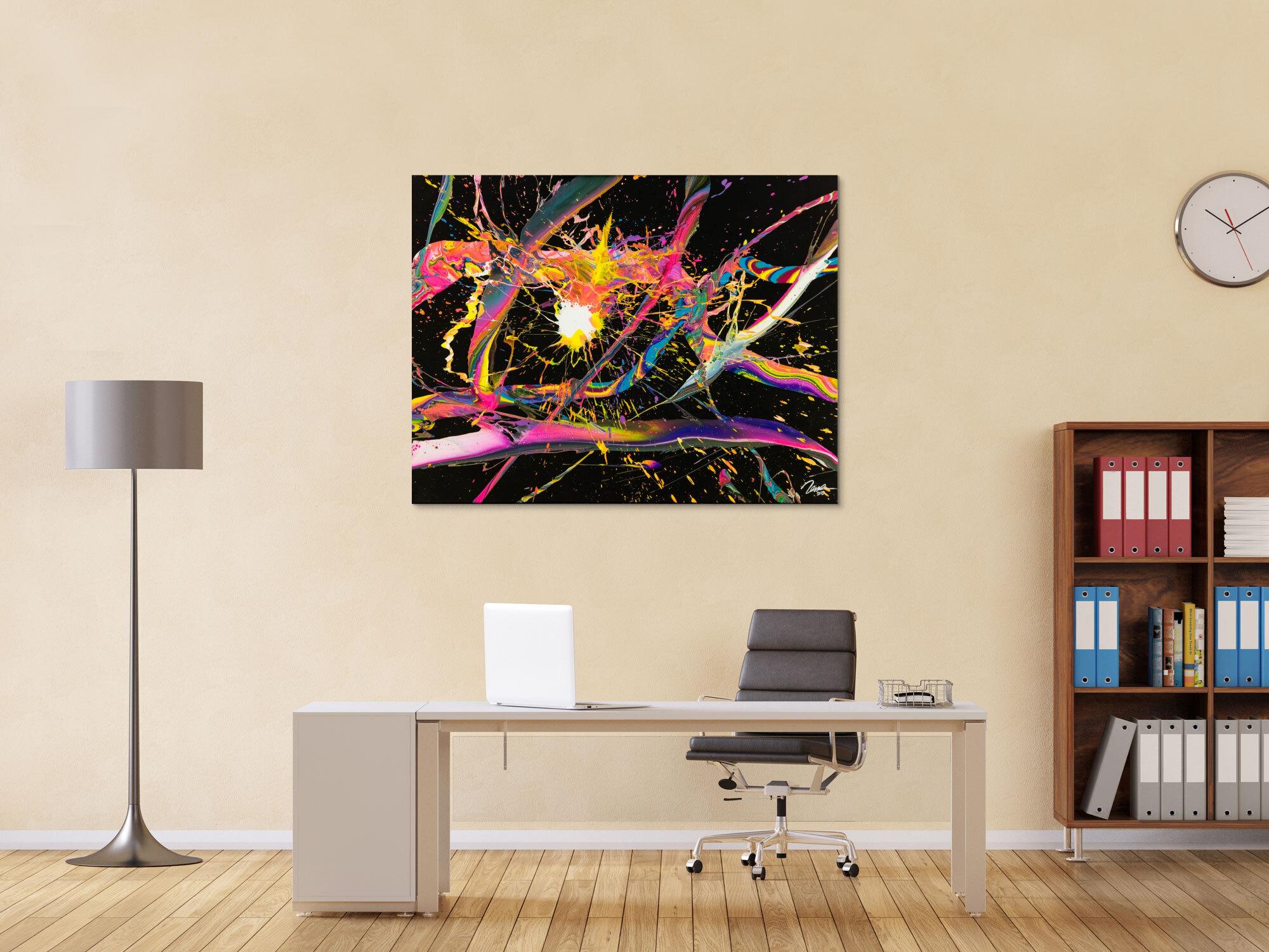 Abstraktes Gemälde 100x180cm Action Painting dynamisch Fluid Art schwarz NEON bunt auf Leinwand