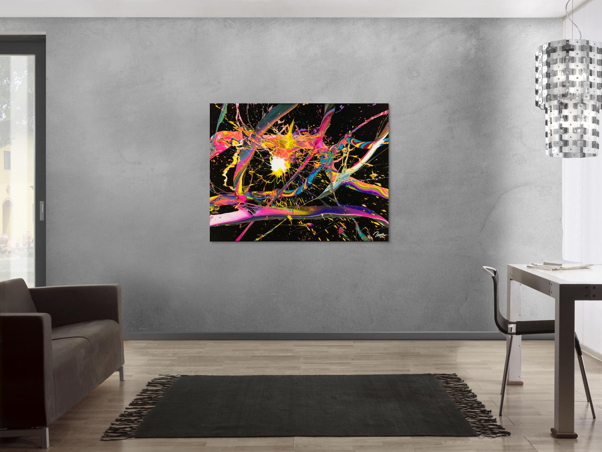 Abstraktes Gemälde 100x180cm Action Painting dynamisch Fluid Art schwarz NEON bunt auf Leinwand