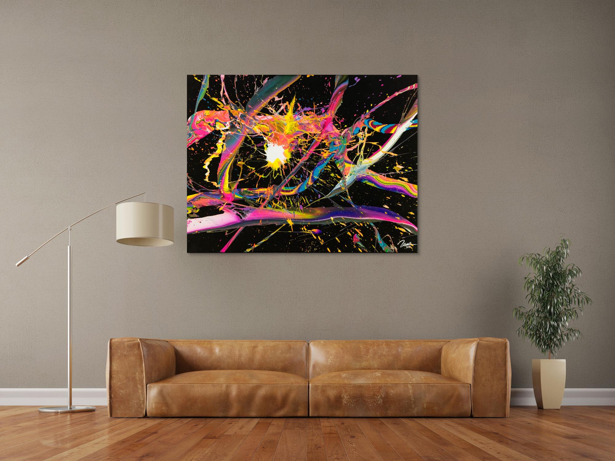 Abstraktes Gemälde 100x130cm Action Painting dynamisch Fluid Art schwarz NEON bunt auf Leinwand