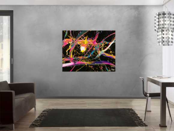 Abstraktes Gemälde 100x180cm Action Painting dynamisch Fluid Art schwarz NEON bunt auf Leinwand